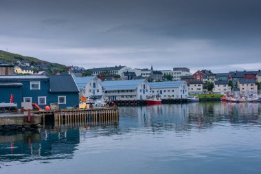 Honningsvag, Norway, 13 August 2022: The harbor of Honningsvag, considered the northernmost town in the world, a few kilometers down North Cape