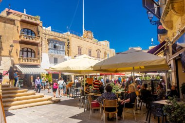 Gozo, Malta, 22 May 2022: open air restaurant in the main square of Victoria