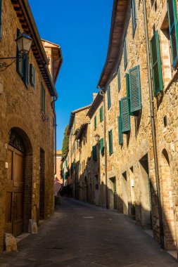 San Quirico d'Orcia, Italy, 16 April 2022: View of the medieval town