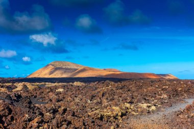 Lava path for Caldera Blanca Volcano in Lanzarote, Canary Islands, Spain