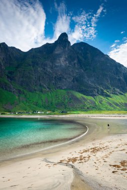 The crystal clear water of the Ersfjordstranda beach in Senja Island, Norway