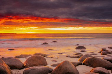 Dramatic midnight sunset with amazing colors over Uttakleiv beach on Lofoten Islands, Norway