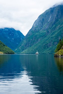 Ferry sailing in the Naeroyfjord in Gudvangen, Norway