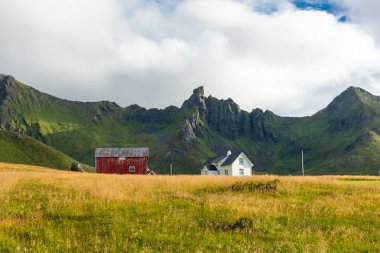 Red house in a grass field under a mountain in the Lofoten Islands, Norway