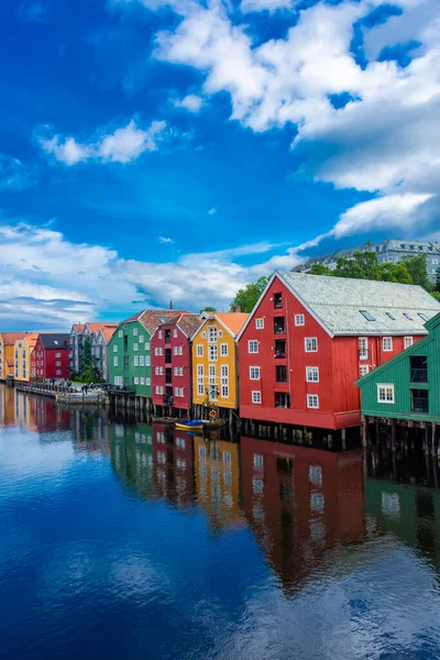 stock image Beautiful view of the colorful wooden buildings of Trondheim Canal, Norway