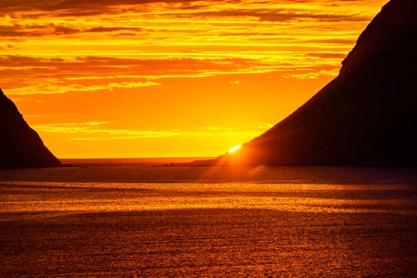 Incredible Midnight Sunset Sea Vik Beach Lofoten Islands Norway — Stock Photo, Image