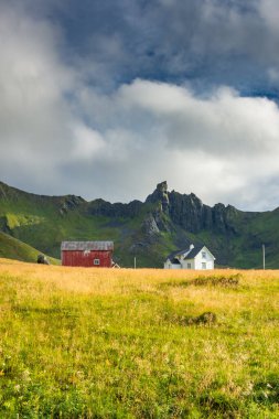 Red house in a grass field under a mountain in the Lofoten Islands, Norway