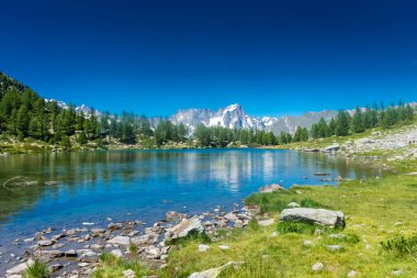 Beautiful reflection of the Mont Blanc on the Arpy Lake, Aosta Valley, Italy