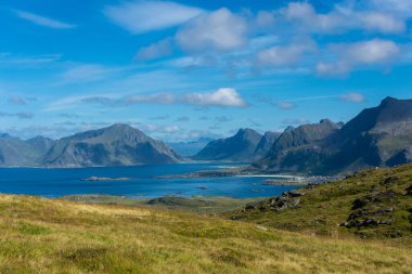 Hiking trail of Mount Ryten to go to Kvalvika Beach in the Lofoten Islands, Norway