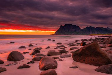 Dramatic midnight sunset with amazing colors over Uttakleiv beach on Lofoten Islands, Norway