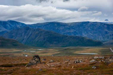 Norveç 'in orta kesimindeki Jotunheimen Platosu' nun dağ manzarası ve tundrası.