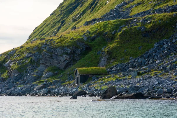 ノルウェー ロフトテン島のホークランドビーチの屋根の上に草の家 — ストック写真