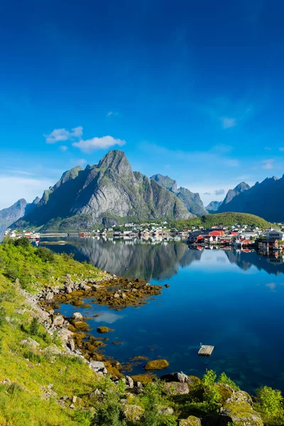 Perfect Reflection Reine Village Water Fjord Lofoten Islands Norway — Foto de Stock