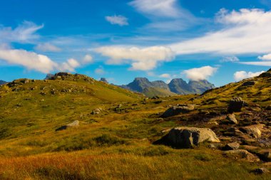 Hiking trail of Mount Ryten to go to Kvalvika Beach in the Lofoten Islands, Norway