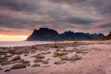 Dramatic midnight sunset with amazing colors over Uttakleiv beach on Lofoten Islands, Norway