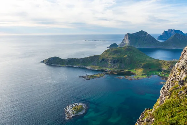 stock image Beautiful landscape of the Lofoten Islands during the golden hour, view from Offersoy Mount trail, Norway