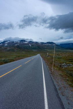 Norveç 'in orta kesimindeki tundrada bulutlu ve kasvetli bir gökyüzü var.