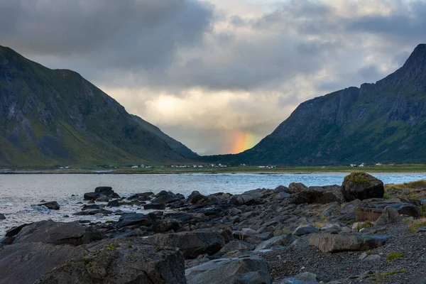 stock image Beautiful rainbow over the Lofoten Islands, Norway