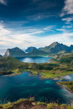 Beautiful landscape of the Lofoten Islands at sunset from Offersoykammen trail, Norway