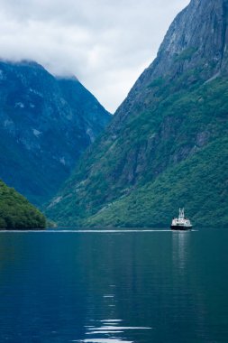Ferry sailing in the Naeroyfjord in Gudvangen, Norway