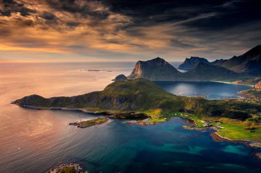 Beautiful landscape of the Lofoten Islands at sunset from Offersoykammen trail, Norway