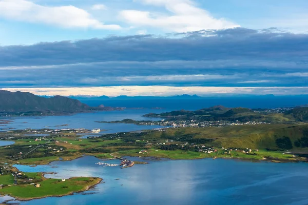 Beautiful landscape of the Lofoten Islands during the golden hour, view from Offersoy Mount trail, Norway