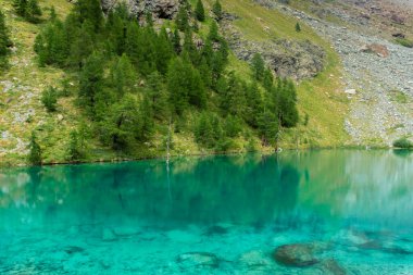 The crystal clear water of the Blue Lake of Ayes, Italian Alps