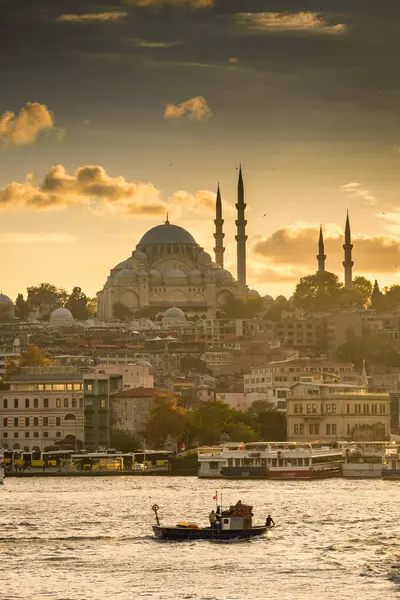 Bateau Naviguant Devant Incroyable Horizon Istanbul Coucher Soleil Avec Mosquée — Photo