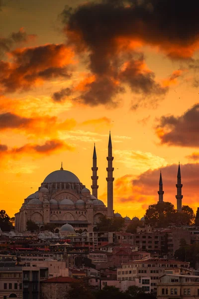 Utrolig Silhuett Istanbul Ved Solnedgang Med Suleymaniye Mosque Tyrkia – stockfoto