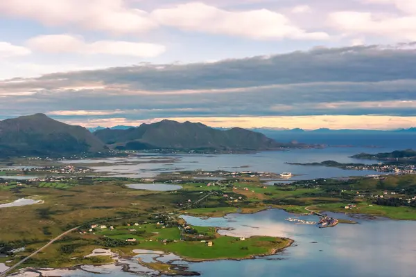 stock image Beautiful landscape of the Lofoten Islands during the golden hour, view from Offersoy Mount trail, Norway