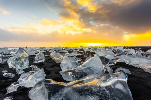 Increíble Puesta Sol Sobre Playa Diamond Playa Negra Volcánica Con — Foto de Stock