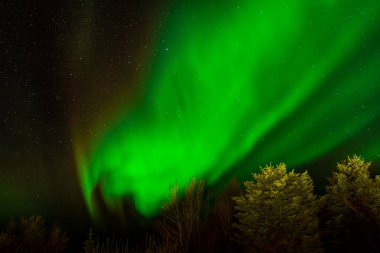 Göz kamaştırıcı yeşil aurora borealis yıldızlı gökyüzünde kırmızı nüanslar, İzlanda 'nın kuzey ışıkları