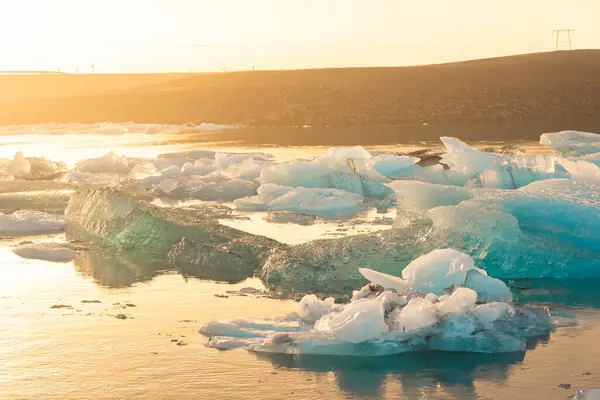 Modrý Led Plovoucí Ledovcové Laguně Jokulsarlon Při Východu Slunce Island — Stock fotografie