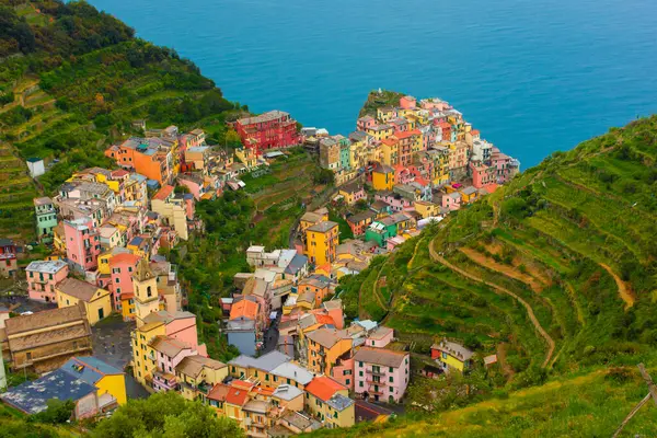 Farbenfrohe Ansicht Von Manarola Von Oben Cinque Terre Italien Stockfoto