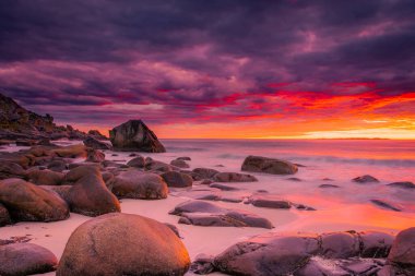 Dramatic midnight sunset with amazing colors over Uttakleiv beach on Lofoten Islands, Norway clipart