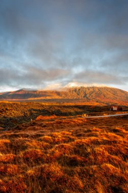 Snaefellsjokull Dağı 'nın şaşırtıcı manzarası kışın gün batımında, İzlanda