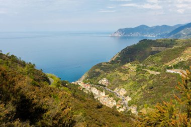 View of Riomaggiore town from above with the Ligurian Sea, Cinque Terre, Italy clipart