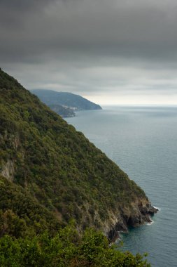 Bulutlu gökyüzü ile Cinque Terre 'nin yeşil kıyısı, Liguria, İtalya