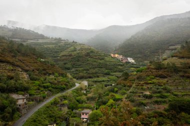 Liguria 'nın karamsar ve sisli tepelerinde renkli Volastra kasabası, Cinque Terre yürüyüşü, İtalya