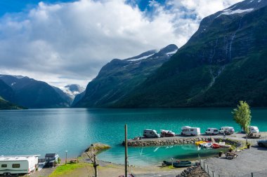 Landscape of the Lovatnet glacial lake with turquoise crystal clear water, Norway clipart