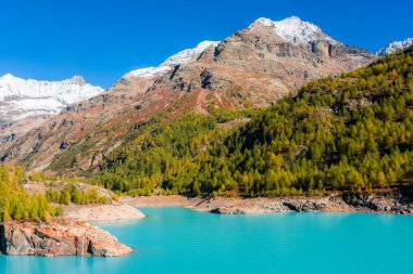 İsviçre sınırında İtalyan Alpleri 'nde turkuaz suyu bulunan yapay bir buzul gölü olan Moulin Gölü' nün sonbahar manzarası.