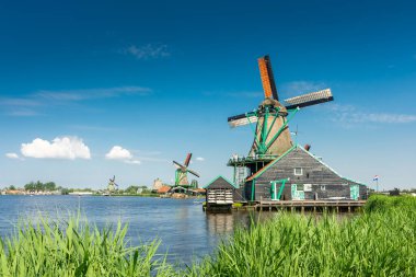 Hollanda 'nın Zaanse Schans kırsalındaki güzel yel değirmenleri