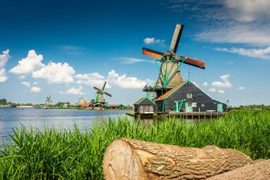 Hollanda 'nın Zaanse Schans kırsalındaki güzel yel değirmenleri
