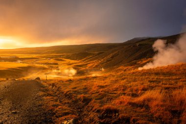 Reykjadalur 'un volkanik manzarası, doğal kaynaklı buharlı vadi, İzlanda