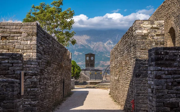 stock image Clock Tower in Gjirokaster Citadel surrounded by ancient ruins, attraction in Albania, Europe. High quality photo