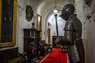 Sinaia, Romanya - 15 Eylül 2022: Sinaia 'daki Peles Kalesi' nde iç mekan ve sanat eserleri sergilendi. Yüksek kalite fotoğraf