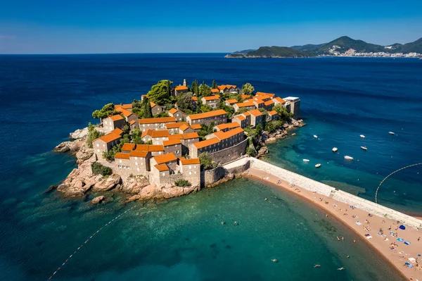 stock image  Aerial view of Sveti Stefan, Budva, Montenegro from drone. Panoramic above view of Saint Stephen luxury resort. Tourism and leisure concept. High quality photo