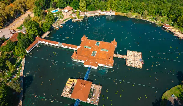 stock image Aerial view of the famous Lake Heviz in Hungary, and the largest thermal lake in the world available to bath. Outdoor travel background. High quality photo