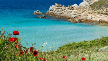 Kum ve deniz, seyahat, deniz manzarası, yaz, tatil konsepti, tasarımınız için yer. Yüksek kalite fotoğraf