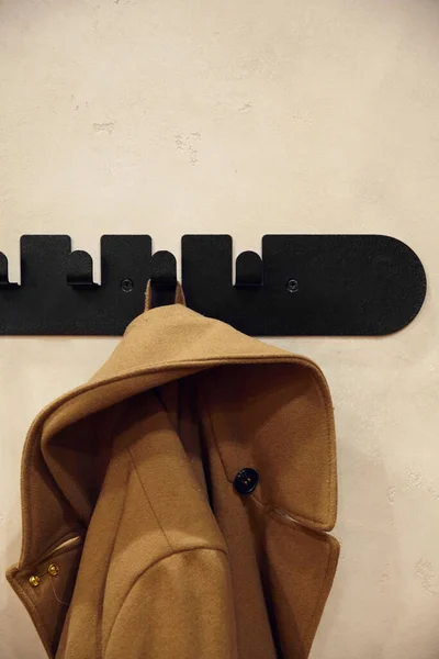 一件褐色外套挂在走廊里的钩子上 黑色金属衣架 密封件 图库照片